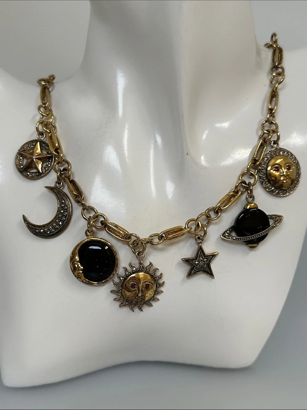 Vintage Celestial Charm real RUBYS Gold 925 GF  ONYX Gems Necklace